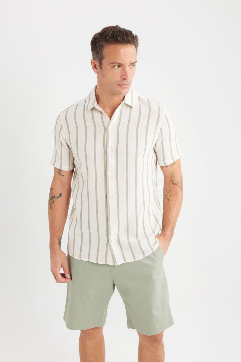DeFacto Beige Man Regular Fit Polo Neck Striped Summer Shirt Casual - Image 3
